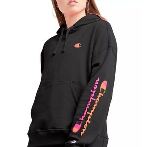 Champion Black Hoodie with Vibrant Pink Accents